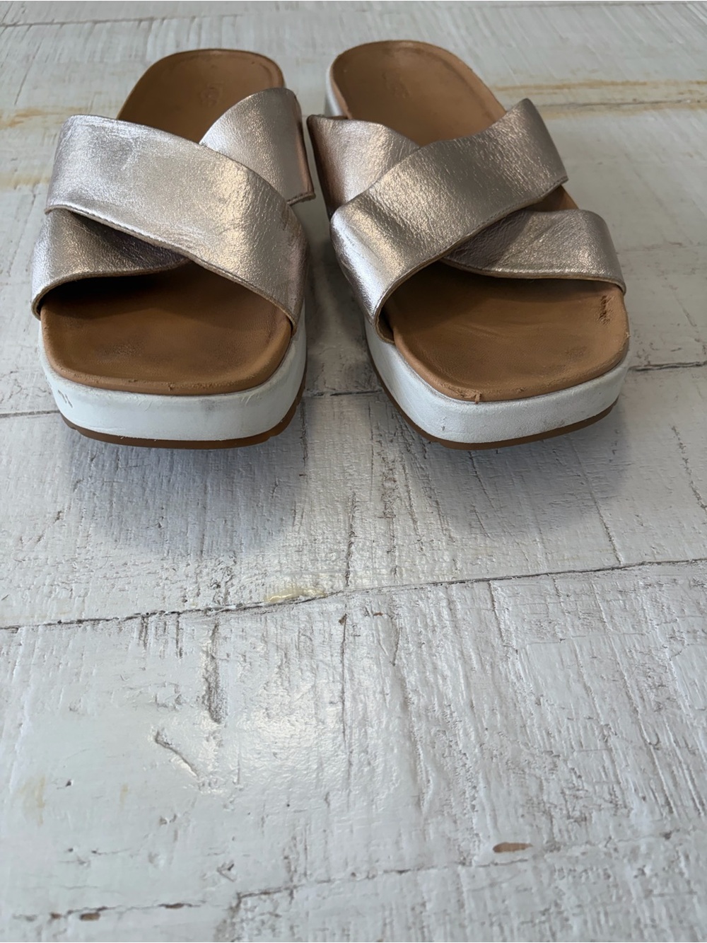 UGG Emily Slides size 10 Metallic Gold‎ Leather Sandals Criss Cross Straps - Picture 3 of 13